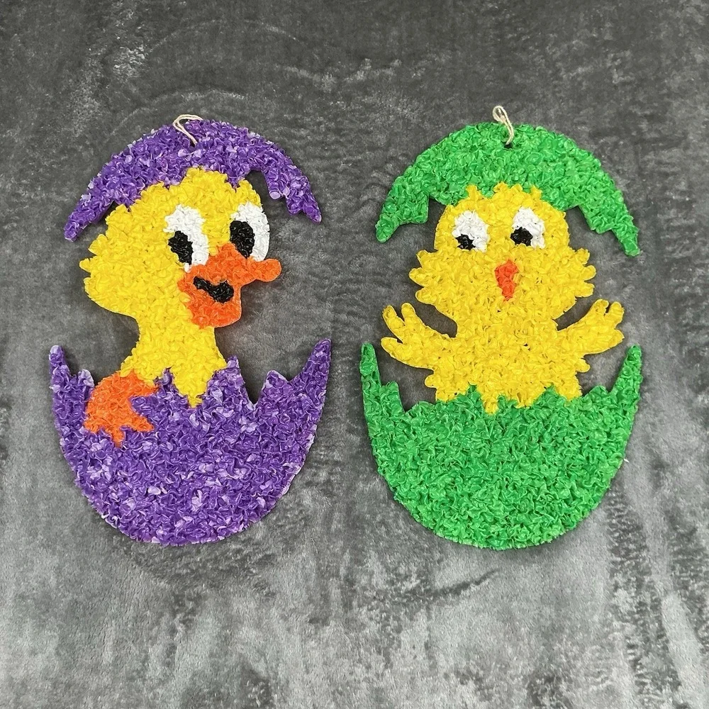 Vtg Melted Plastic Popcorn Easter Decoration Lot of 2 Easter Egg Chicks